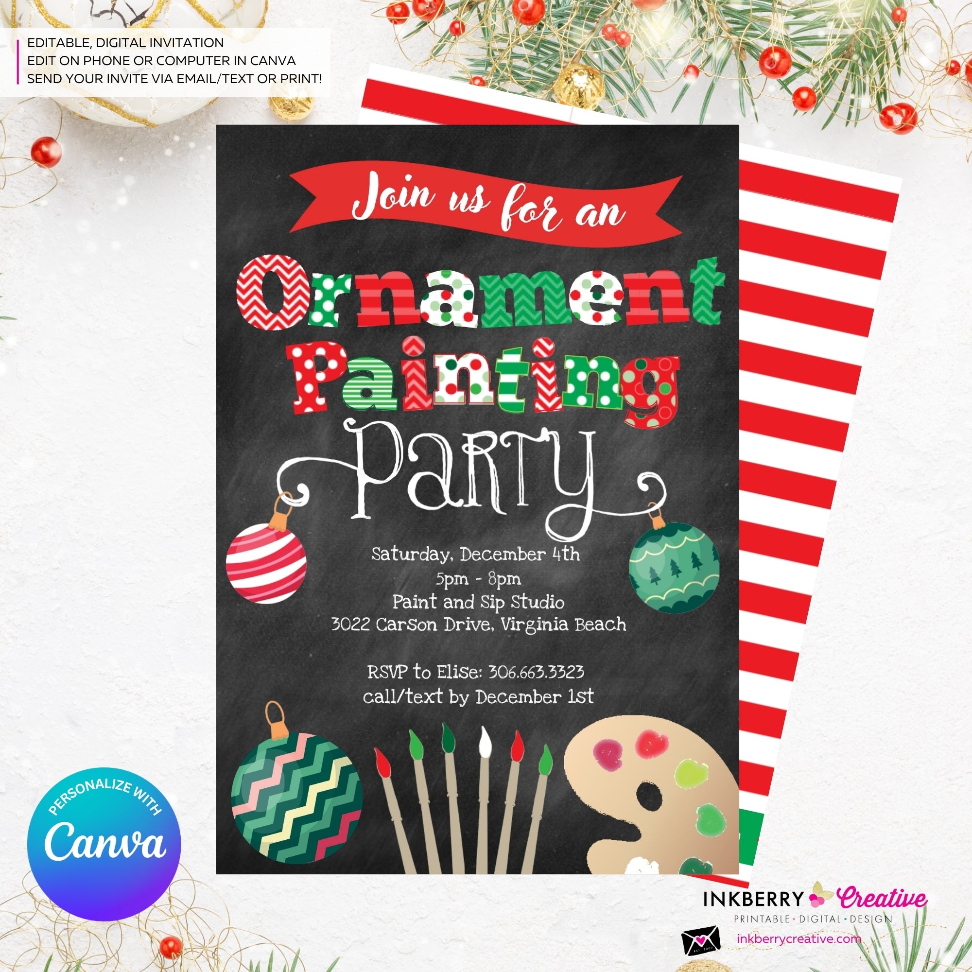 Christmas Ornament Painting Party Invitation - Chalkboard - Editable in Canva