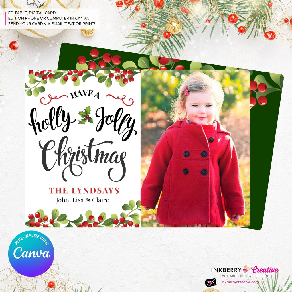 Holly Jolly Script Christmas Photo Card, Family Holiday Photo Card, Custom Colors, Email Christmas Card, Editable in Canva