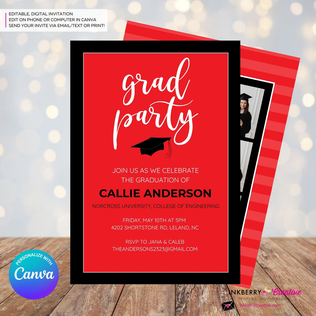 Grad Party Color Block Script - Custom Color Graduation Invitation or Announcement - Editable in Canva
