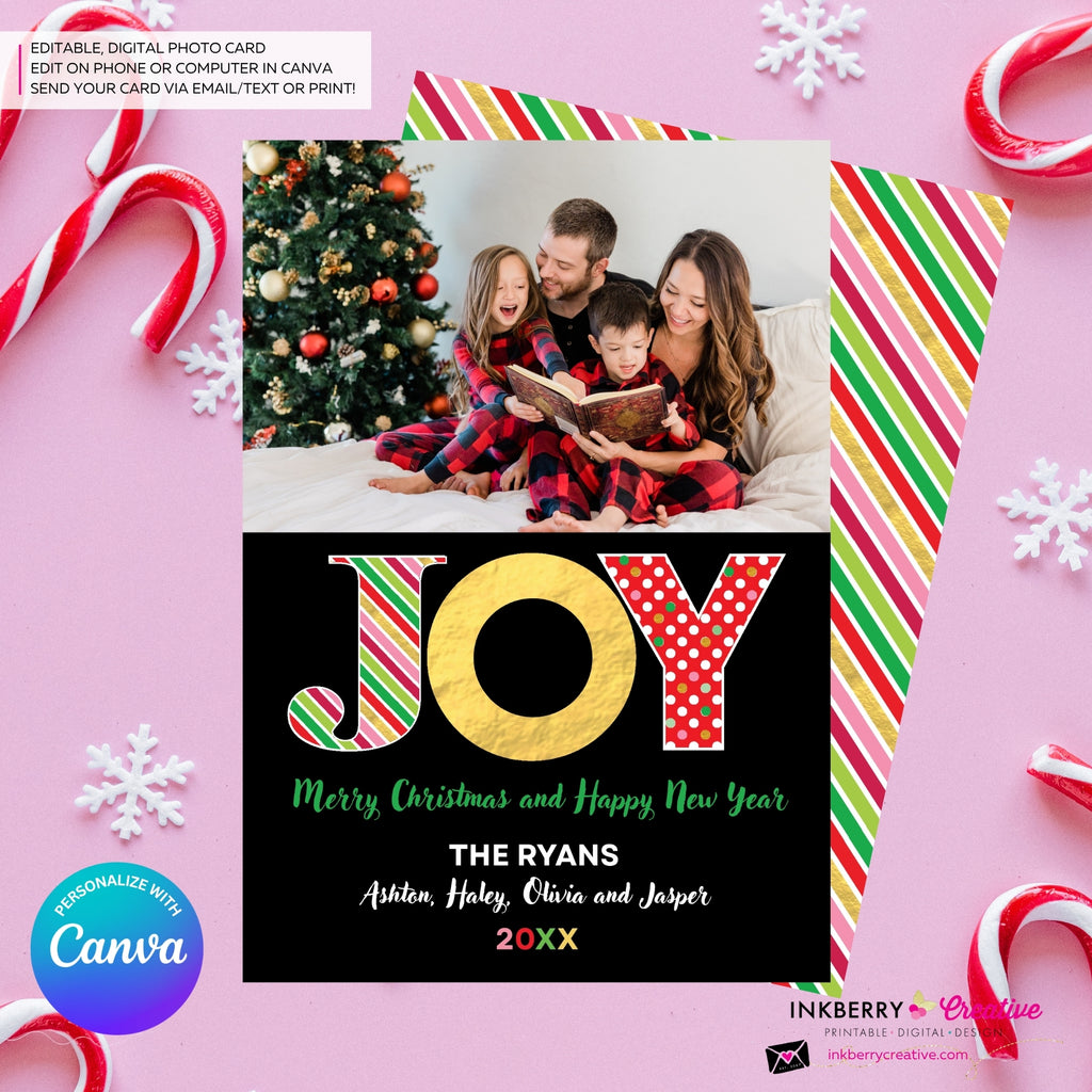 Big Joy Gold and Patterns Christmas Photo Card, Family Holiday Photo Card, Custom Colors, Email Christmas Card, Editable in Canva