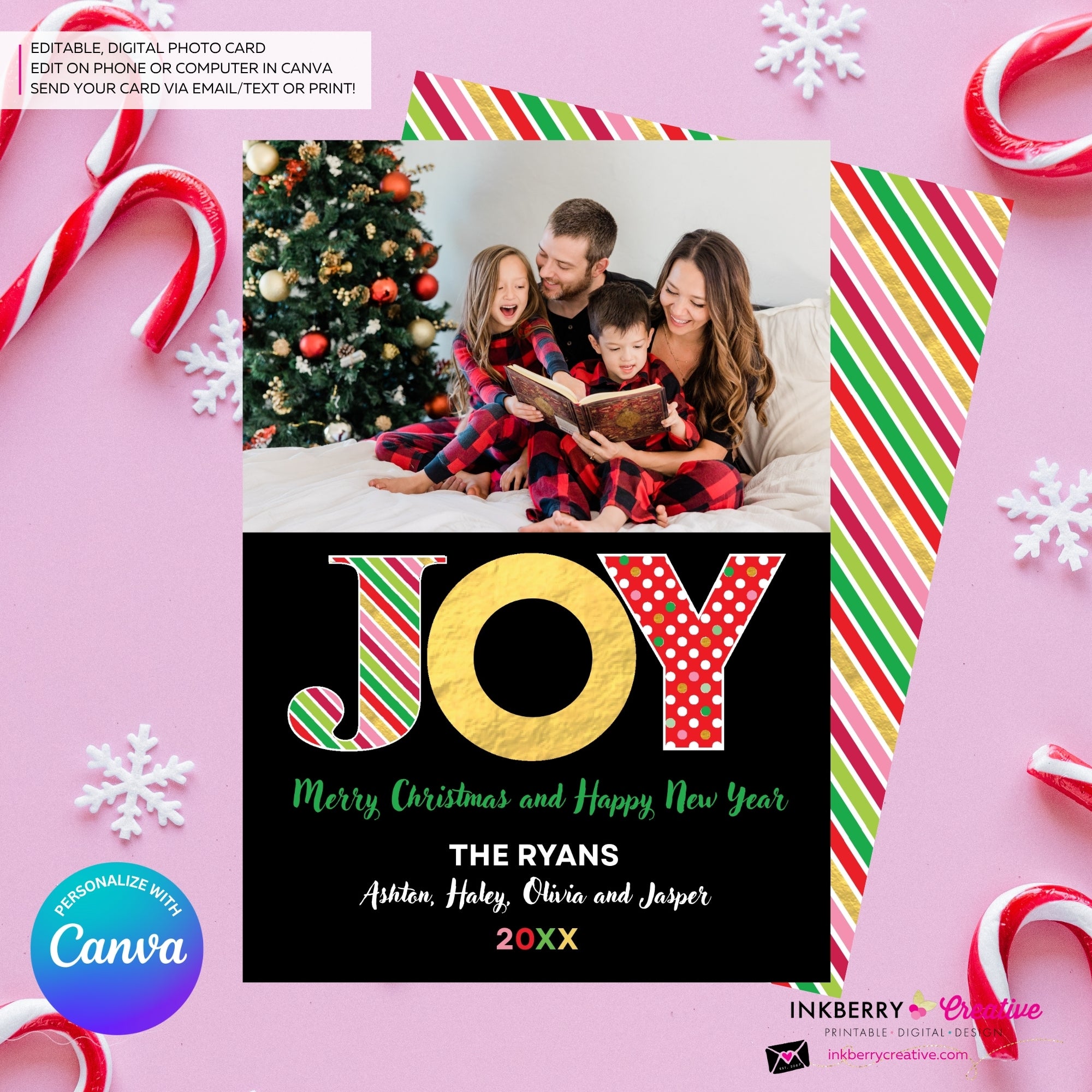 Big Joy Gold and Patterns Christmas Photo Card, Family Holiday Photo Card, Custom Colors, Email Christmas Card, Editable in Canva