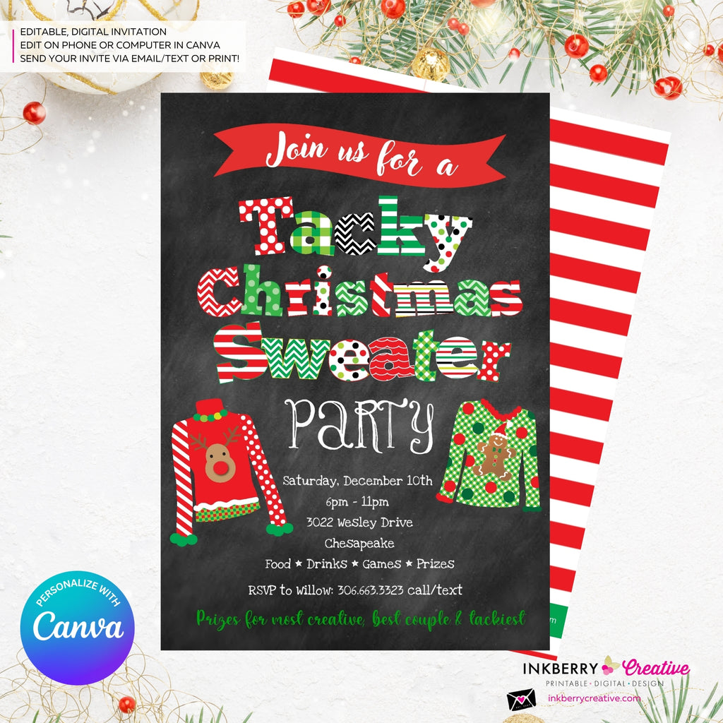 Tacky Christmas Sweater Party Invitation - Editable in Canva