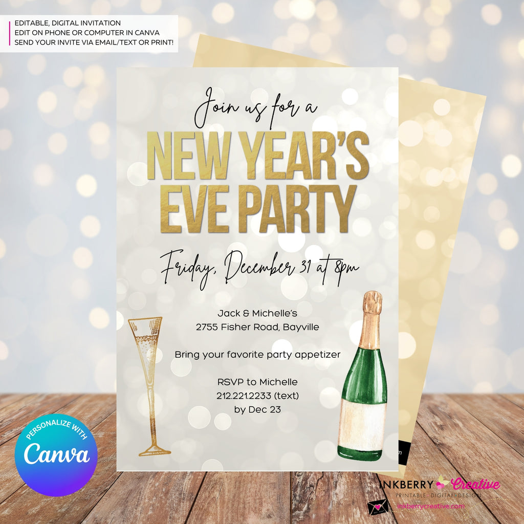 New Year's Eve Gold Champagne Party Invitation - Editable in Canva