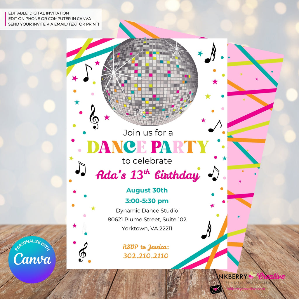 Neon Dance Party Invitation (White) with Disco Ball - Printable, Instant Download, Edit in Canva
