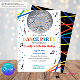 Neon Glow Dance Party Invitation (Boys White Multi) with Disco Ball - Printable, Instant Download, Edit in Canva