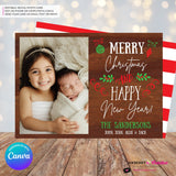 Woodgrain Ornament Doodles Christmas Photo Card, Family Holiday Photo Card, Custom Colors, Email Christmas Card, Editable in Canva
