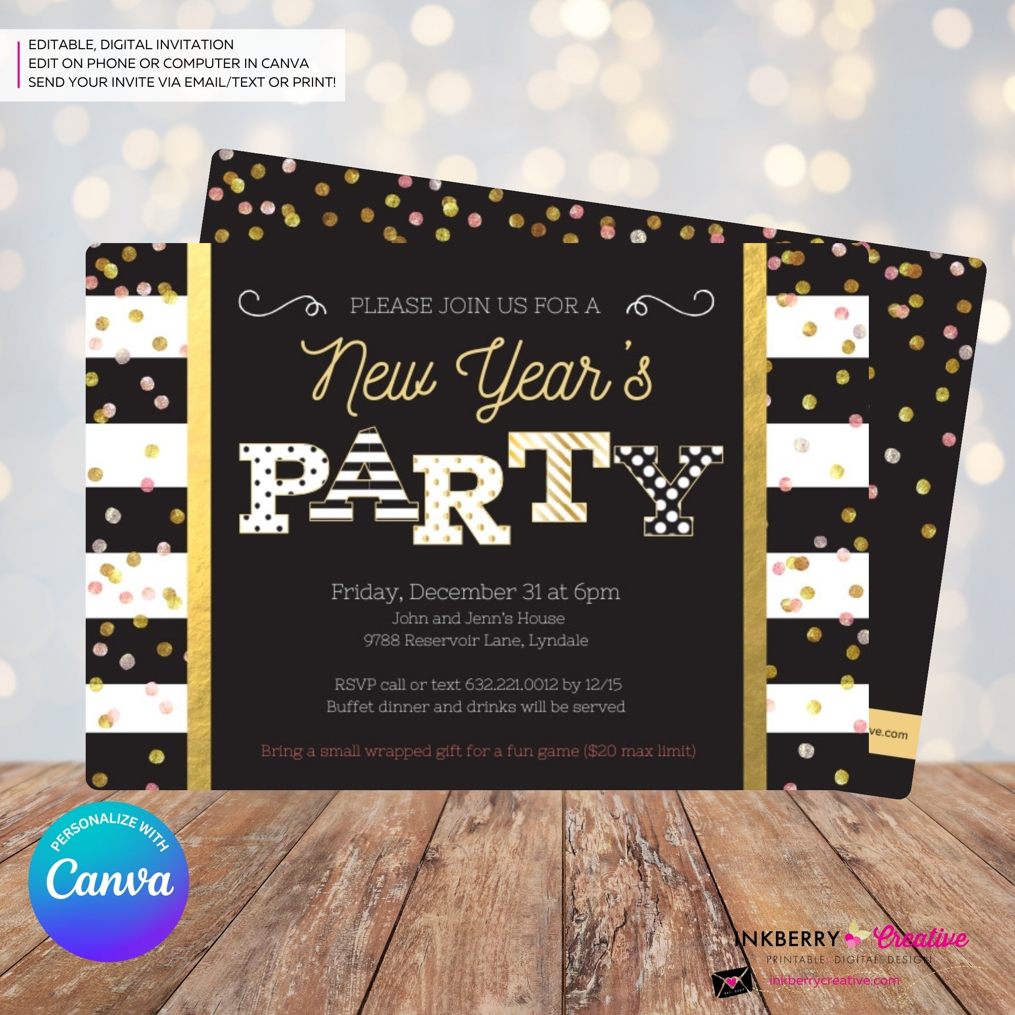 New Year's Eve Party Invitation, Black White Stripe, Black Gold Confetti Patterns, Printable Invite, Instant Download, Edit in Canva