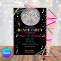 Neon Glow Dance Party Invitation (Black) with Disco Ball - Printable, Instant Download, Edit in Canva