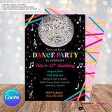 Neon Glow Dance Party Invitation (Black) with Disco Ball - Printable, Instant Download, Edit in Canva