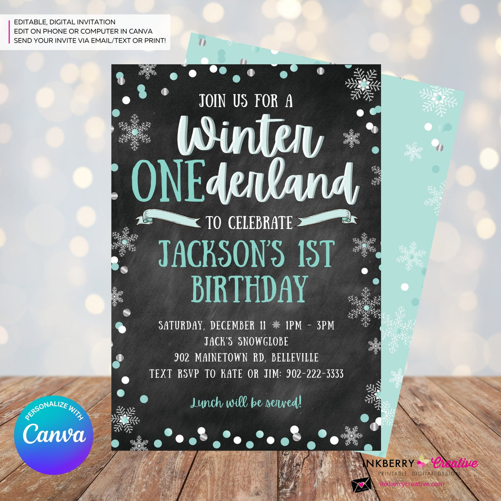 Whimsical Winter Wonderland 1st Birthday Invite - Snowflake Chalkboard Theme - ONEderland - Aqua Blue Silver, Personalize and Edit in Canva