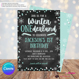 Whimsical Winter Wonderland 1st Birthday Invite - Snowflake Chalkboard Theme - ONEderland - Aqua Blue Silver, Personalize and Edit in Canva