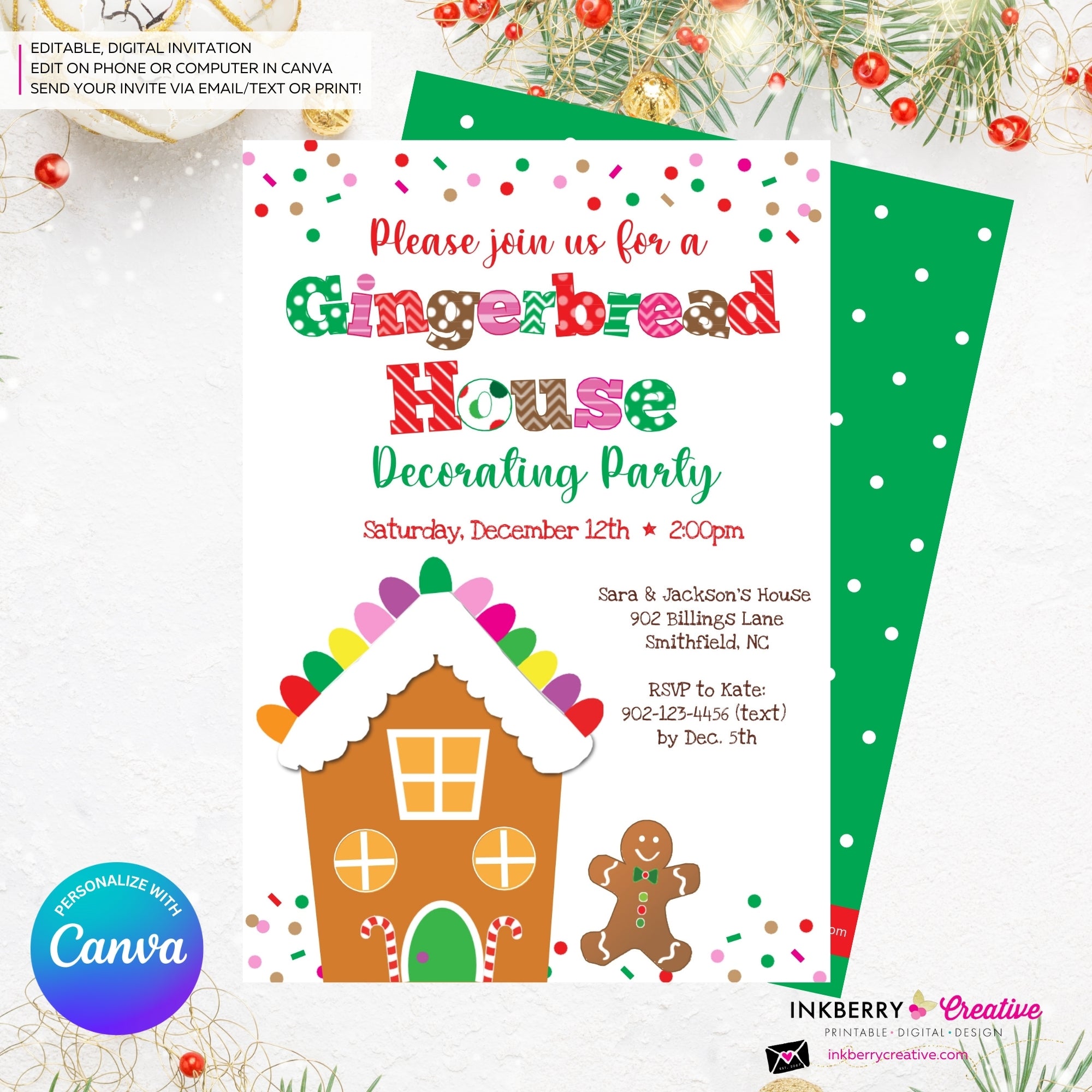 Gingerbread House Gum Drops & Sprinkles Decorating Christmas Party Invitation - Editable in Canva