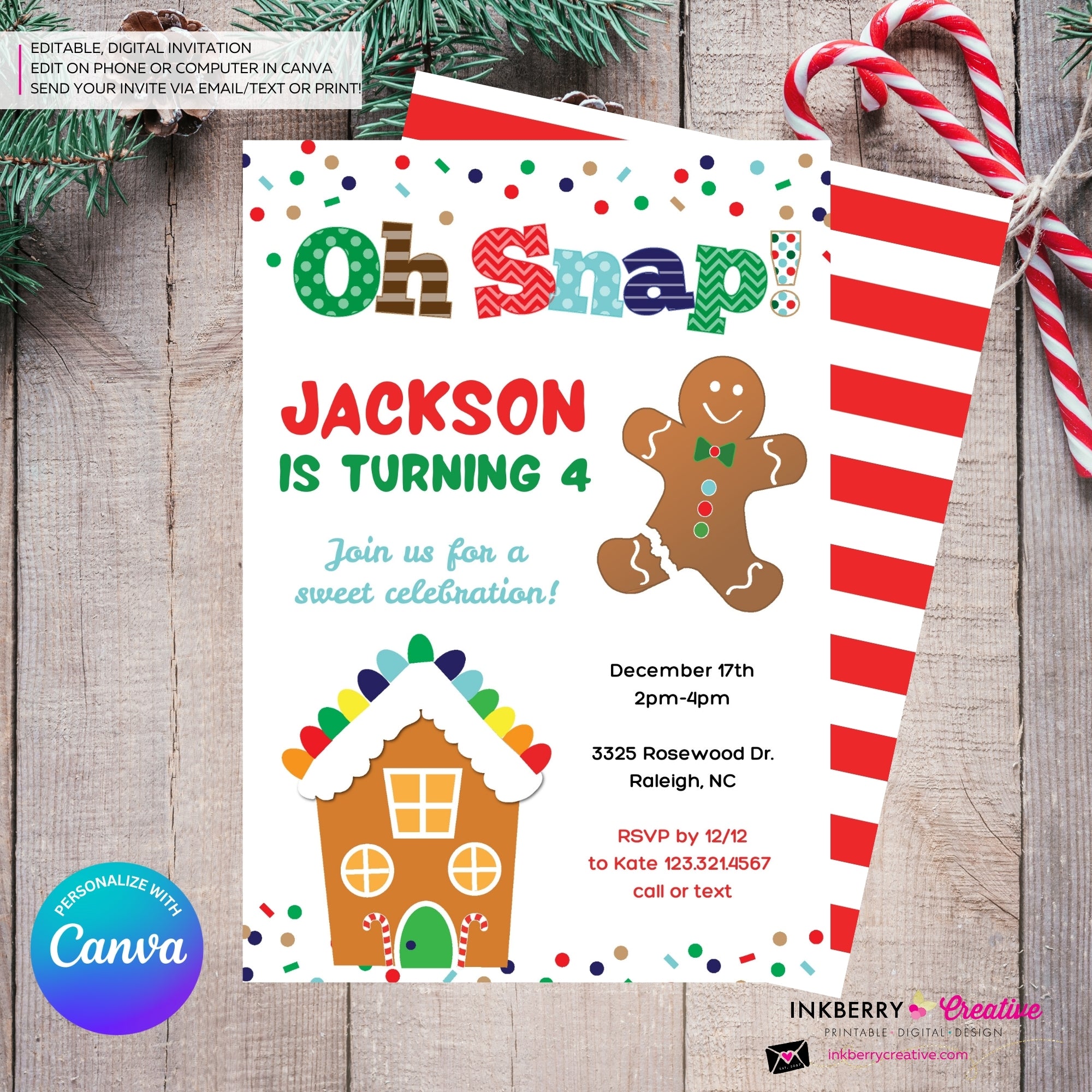 Gingerbread Birthday Party Invitation, Oh Snap Boys Gingerbread House Christmas Birthday Party - Printable, Instant Download, Edit in Canva