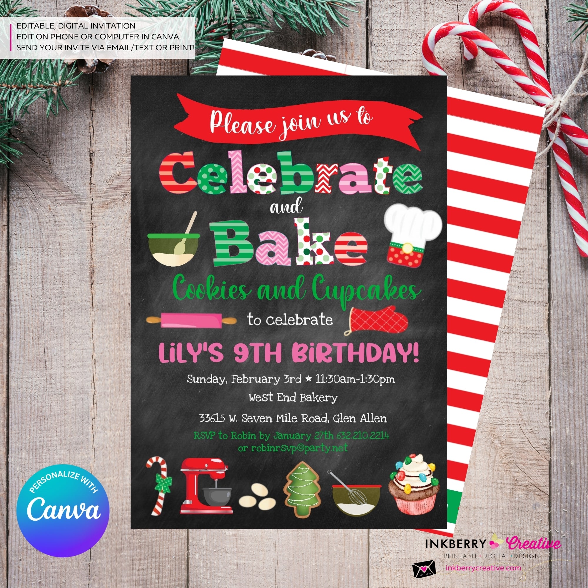 Celebrate & Bake - Chalkboard - Christmas Baking Party Invitation - Edit in Canva