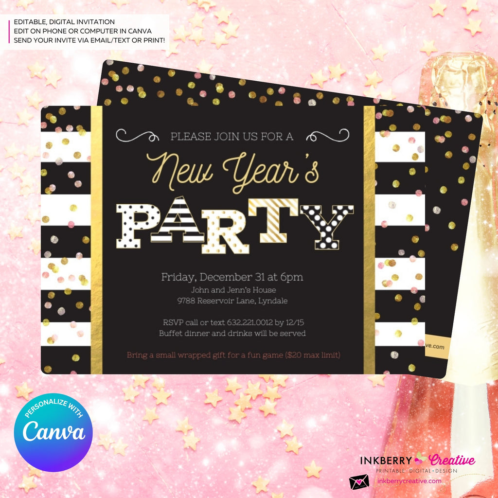 New Year's Eve Party Invitation, Black White Stripe, Black Gold Confetti Patterns, Printable Invite, Instant Download, Edit in Canva