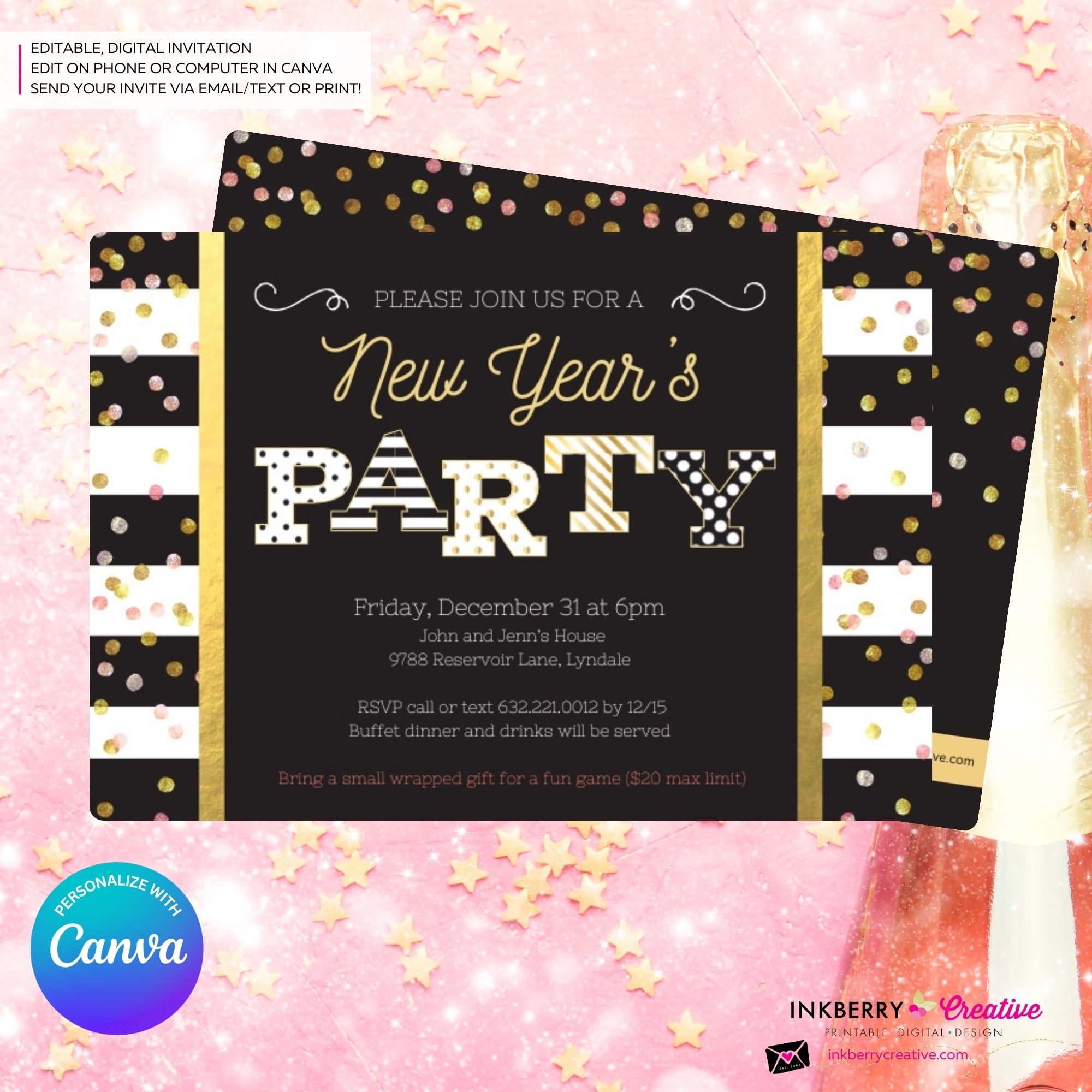New Year's Eve Party Invitation, Black White Stripe, Black Gold Confetti Patterns, Printable Invite, Instant Download, Edit in Canva