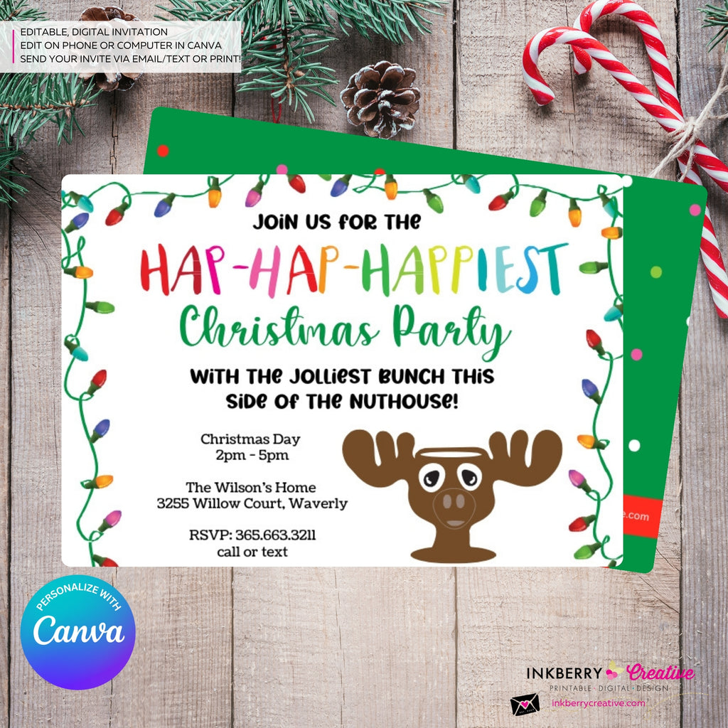 Hap Hap Happiest Christmas Party, Christmas Vacation Theme, Cousin Eddie Moose Cup Party Invitation - Editable in Canva