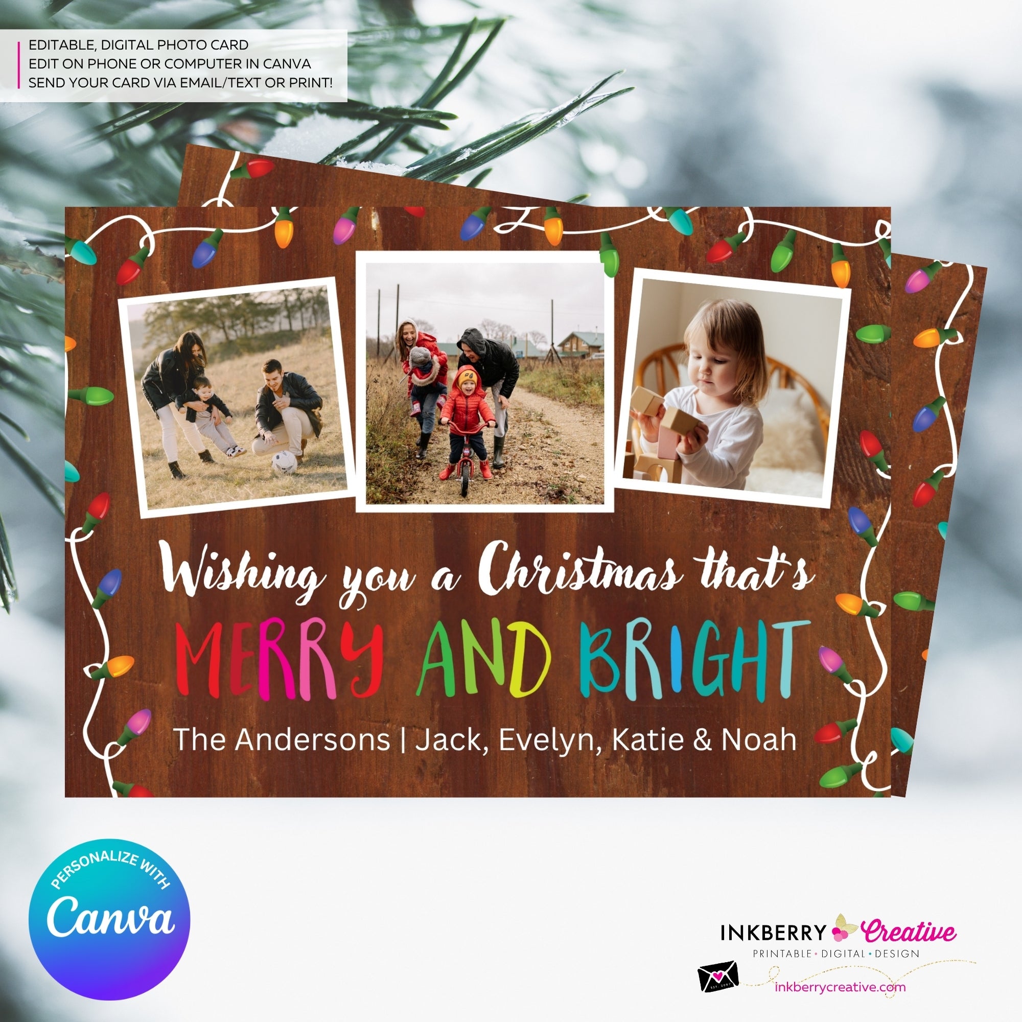 Woodgrain Merry and Bright Christmas Lights 3 Photo Christmas Card - Retro Christmas Bulbs String of Lights - Edit in Canva