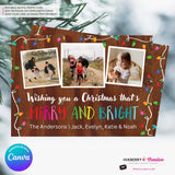 Woodgrain Merry and Bright Christmas Lights 3 Photo Christmas Card - Retro Christmas Bulbs String of Lights - Edit in Canva