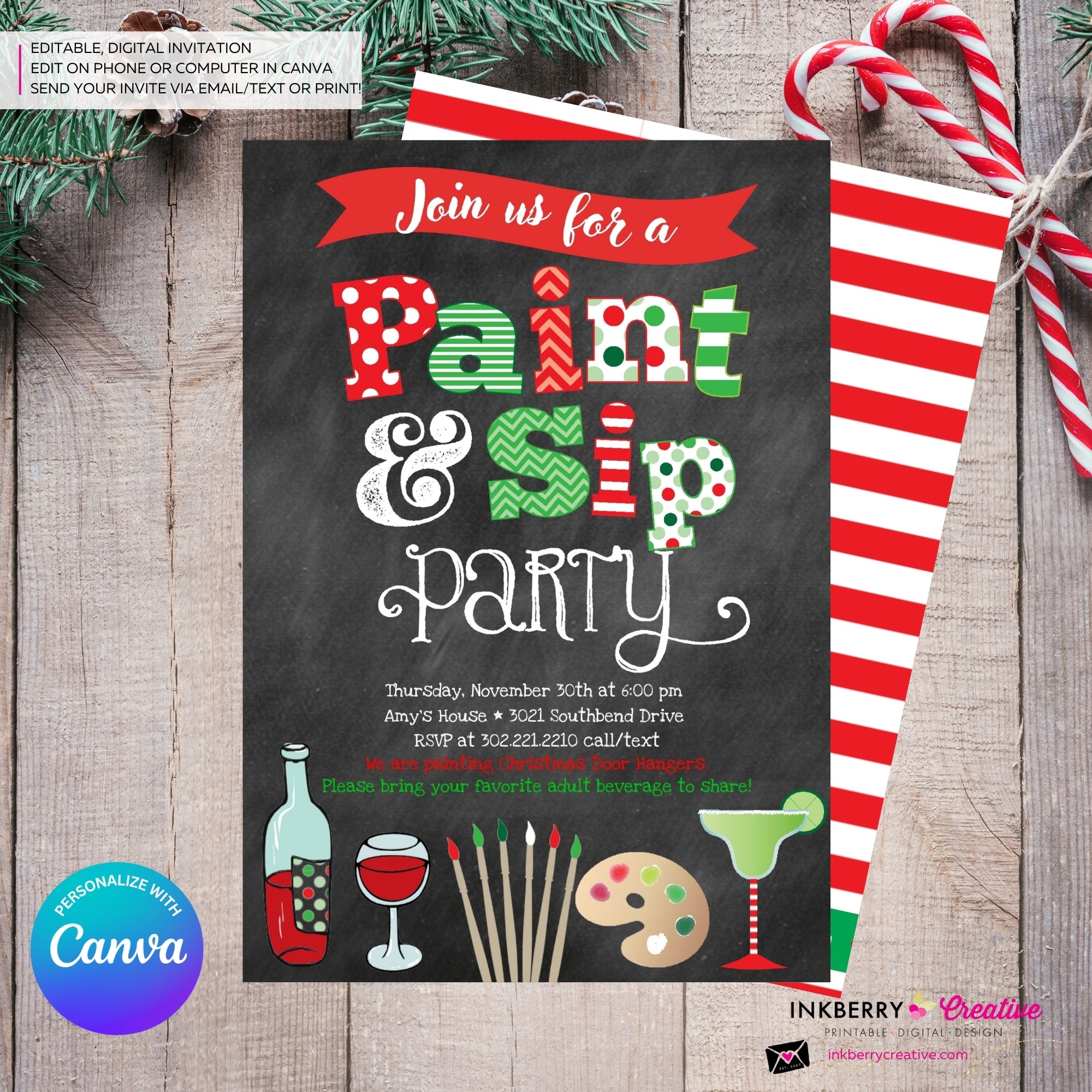 Christmas Paint & Sip Invitation - Editable in Canva