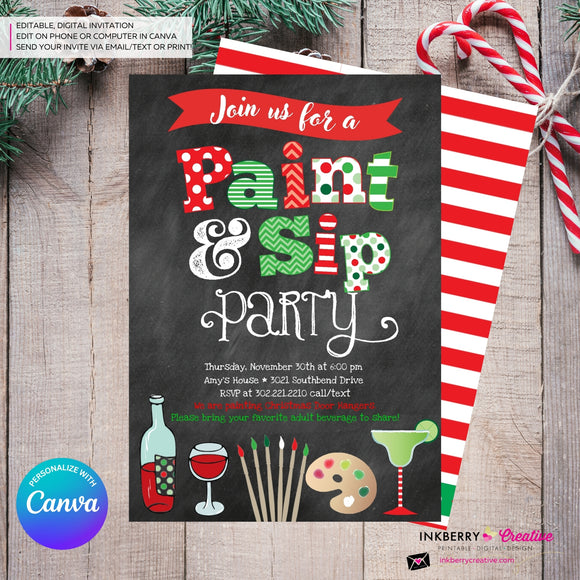 Christmas Paint & Sip Invitation - Editable in Canva