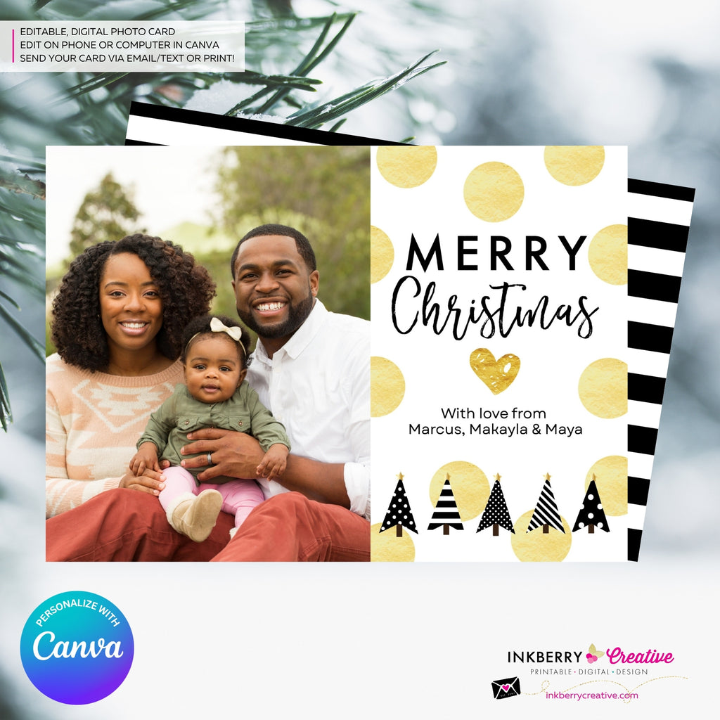 Gold Polka Dot Modern Trees - Black White Gold Patterns - Christmas Photo Card - Edit in Canva