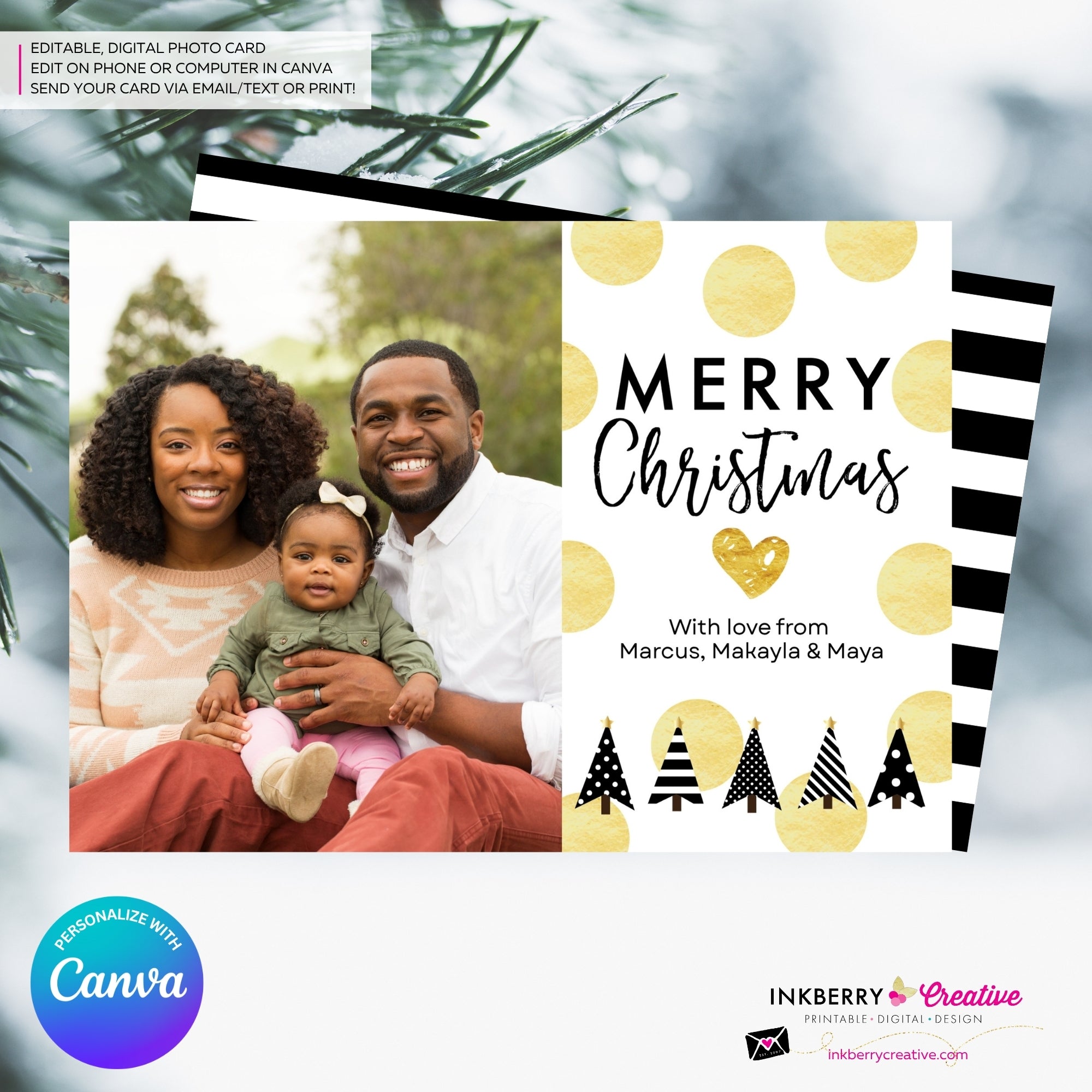 Gold Polka Dot Modern Trees - Black White Gold Patterns - Christmas Photo Card - Edit in Canva