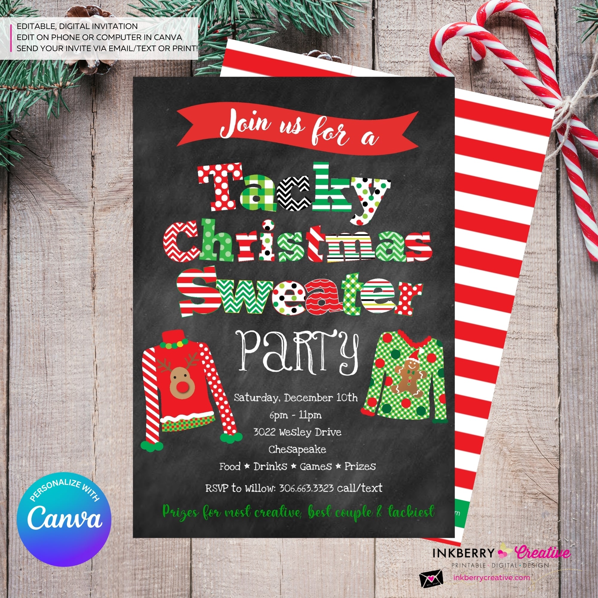 Tacky Christmas Sweater Party Invitation - Editable in Canva