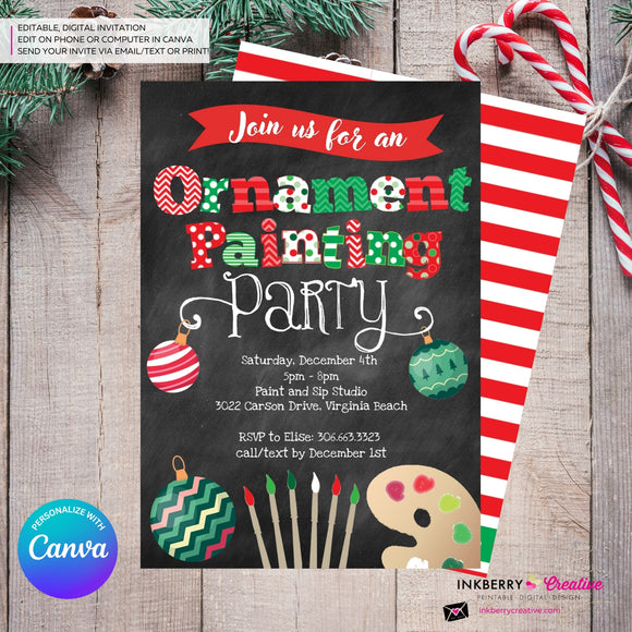 Christmas Ornament Painting Party Invitation - Chalkboard - Editable in Canva