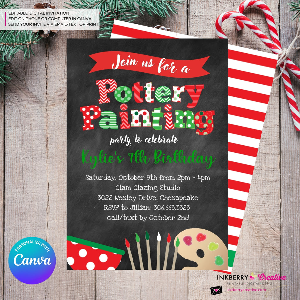 Christmas Pottery Painting Party Invitation - Editable in Canva