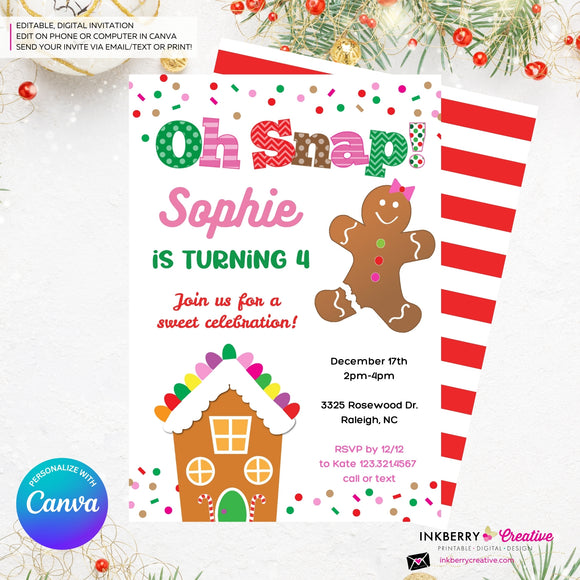Gingerbread Birthday Party Invitation, Oh Snap Girls Gingerbread House Christmas Birthday Party - Printable, Instant Download, Edit in Canva