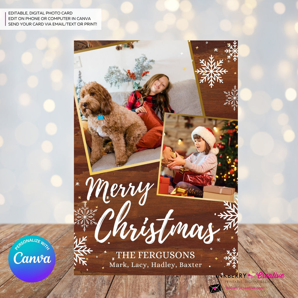 Woodgrain Gold and Snowflakes Christmas Photo Card, Family Holiday Photo Card, Custom Colors, Email Christmas Card, Editable in Canva