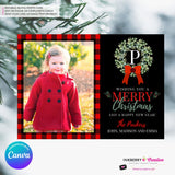 Family Monogram Buffalo Check Christmas Wreath Photo Card, Family Holiday Photo Card, Custom Colors, Email Christmas Card, Editable in Canva