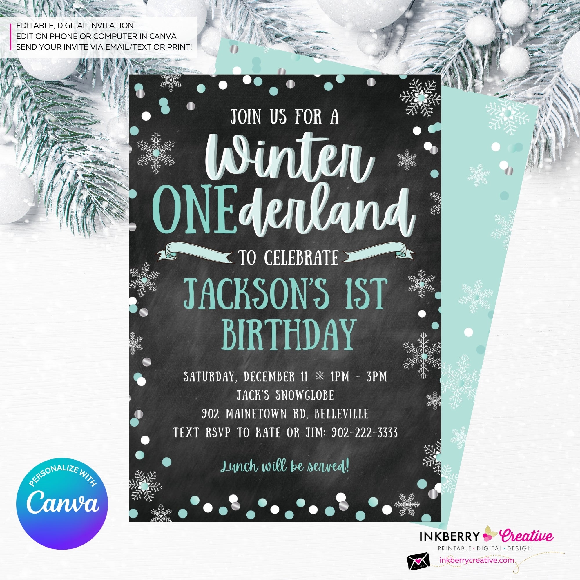Whimsical Winter Wonderland 1st Birthday Invite - Snowflake Chalkboard Theme - ONEderland - Aqua Blue Silver, Personalize and Edit in Canva