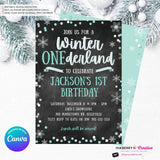 Whimsical Winter Wonderland 1st Birthday Invite - Snowflake Chalkboard Theme - ONEderland - Aqua Blue Silver, Personalize and Edit in Canva