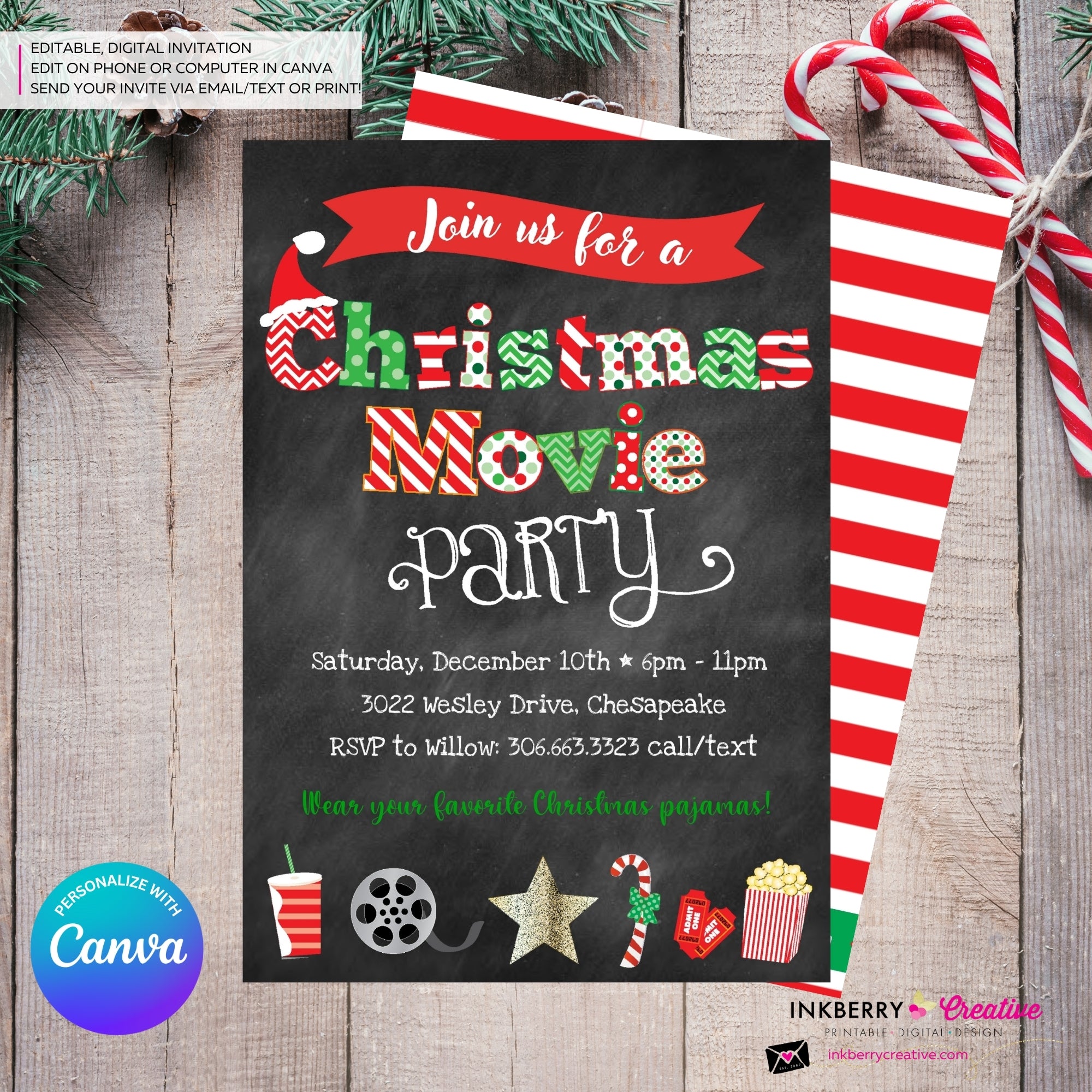 Christmas Movie Party Invitation - Chalkboard - Editable in Canva