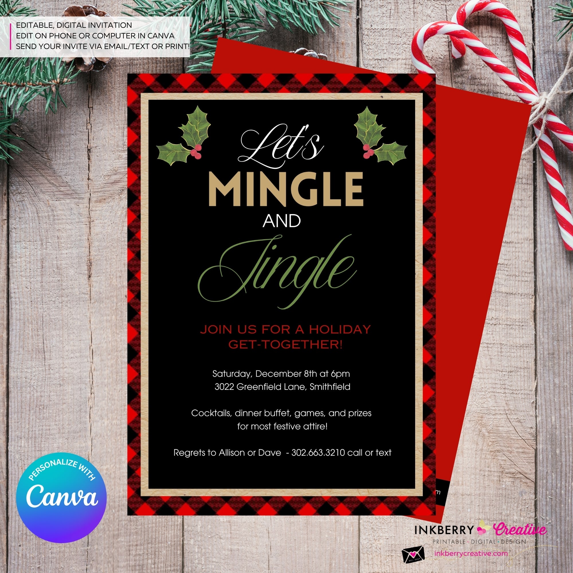 Mingle Jingle Buffalo Plaid Christmas Party Invitation - Editable in Canva