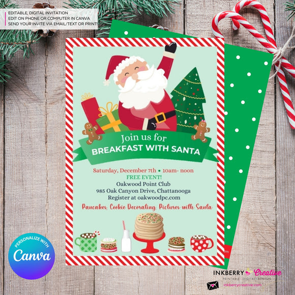 Breakfast with Santa - Pancakes, Cocoa and Cookies - Editable in Canva