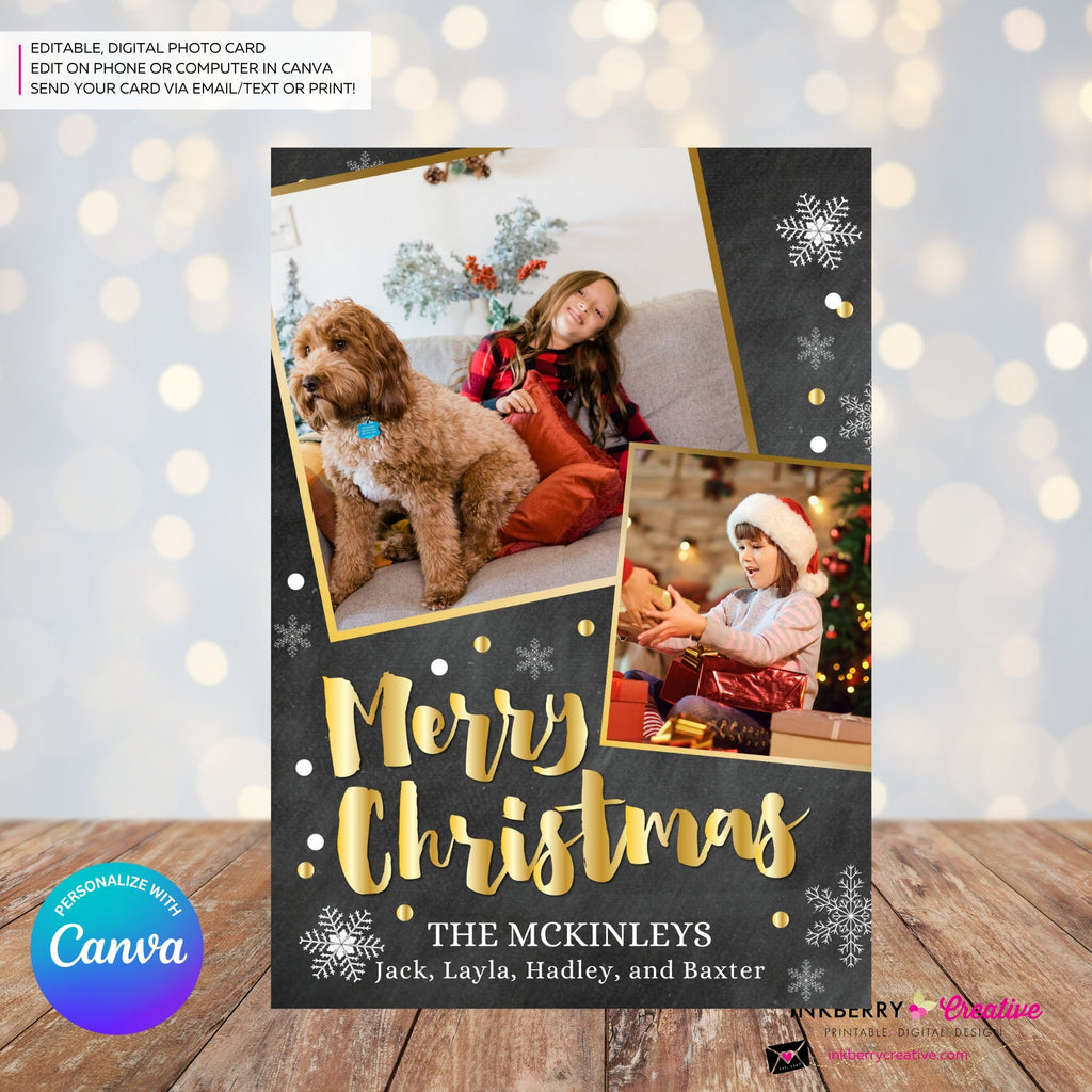 Chalkboard Silver and Gold Snow Merry Christmas Photo Card - Edit in Canva