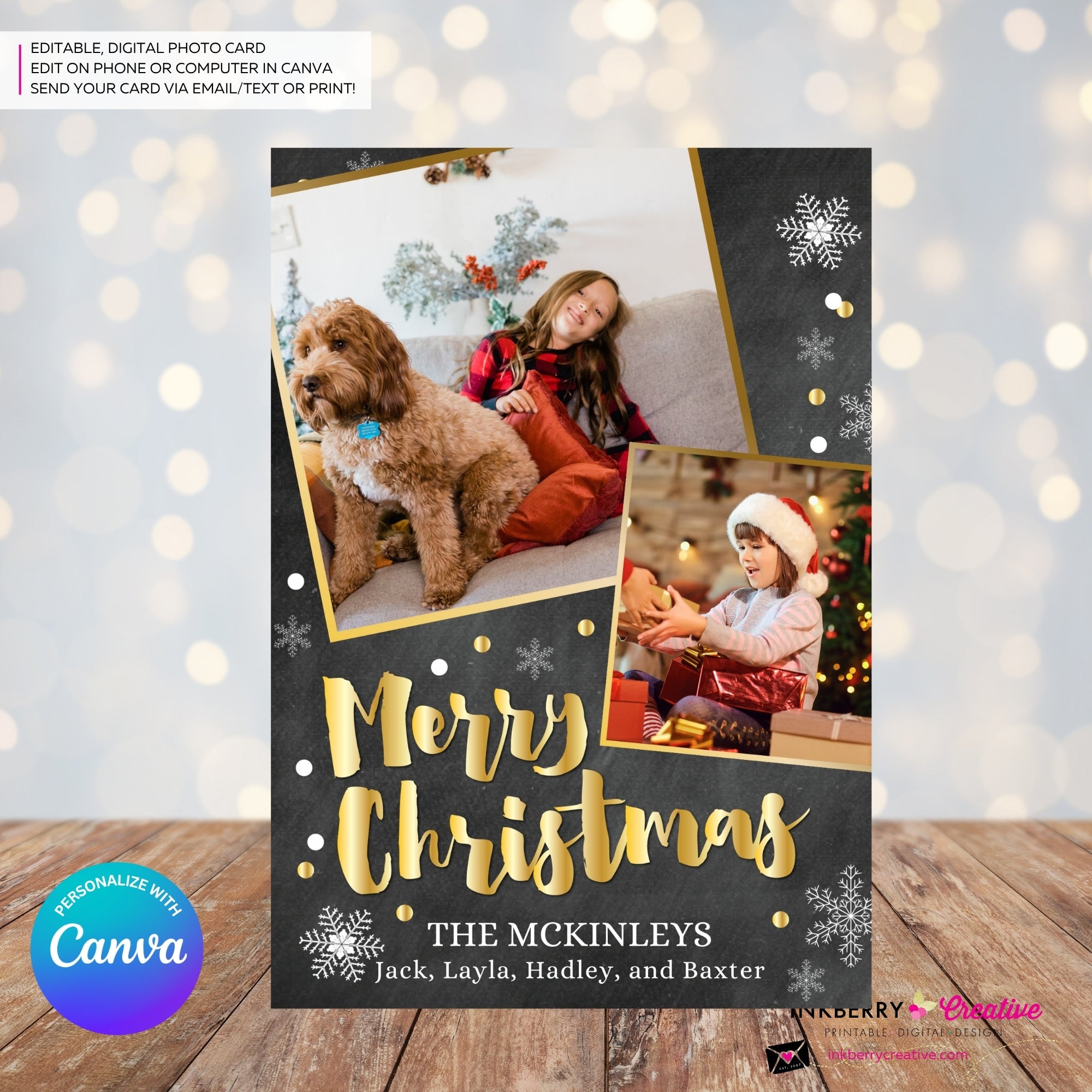 Chalkboard Silver and Gold Snow Merry Christmas Photo Card - Edit in Canva