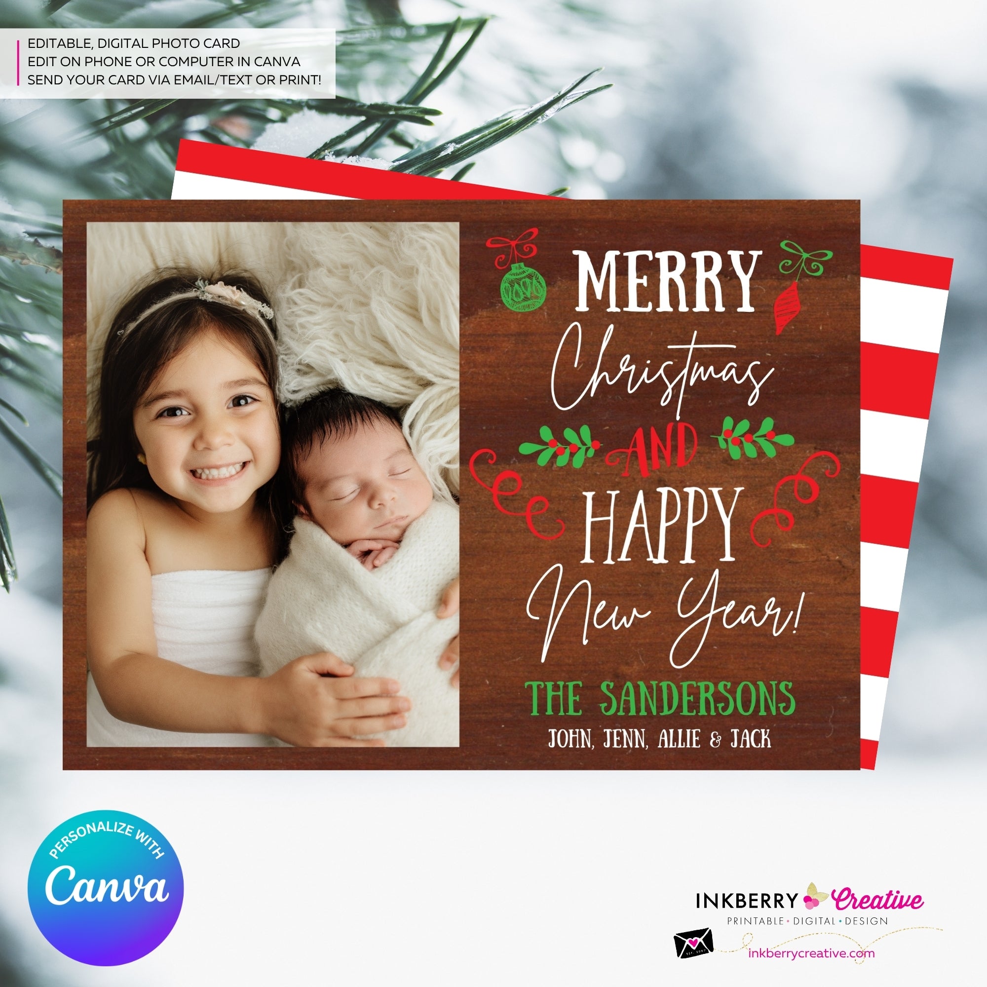 Woodgrain Ornament Doodles Christmas Photo Card, Family Holiday Photo Card, Custom Colors, Email Christmas Card, Editable in Canva
