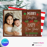 Woodgrain Ornament Doodles Christmas Photo Card, Family Holiday Photo Card, Custom Colors, Email Christmas Card, Editable in Canva