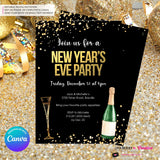 New Year's Eve Black Gold Confetti Champagne Party Invitation - Editable in Canva