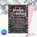 Whimsical Winter Wonderland 1st Birthday Invite - Snowflake Chalkboard Theme - ONEderland - Pink Gold, Personalize and Edit in Canva