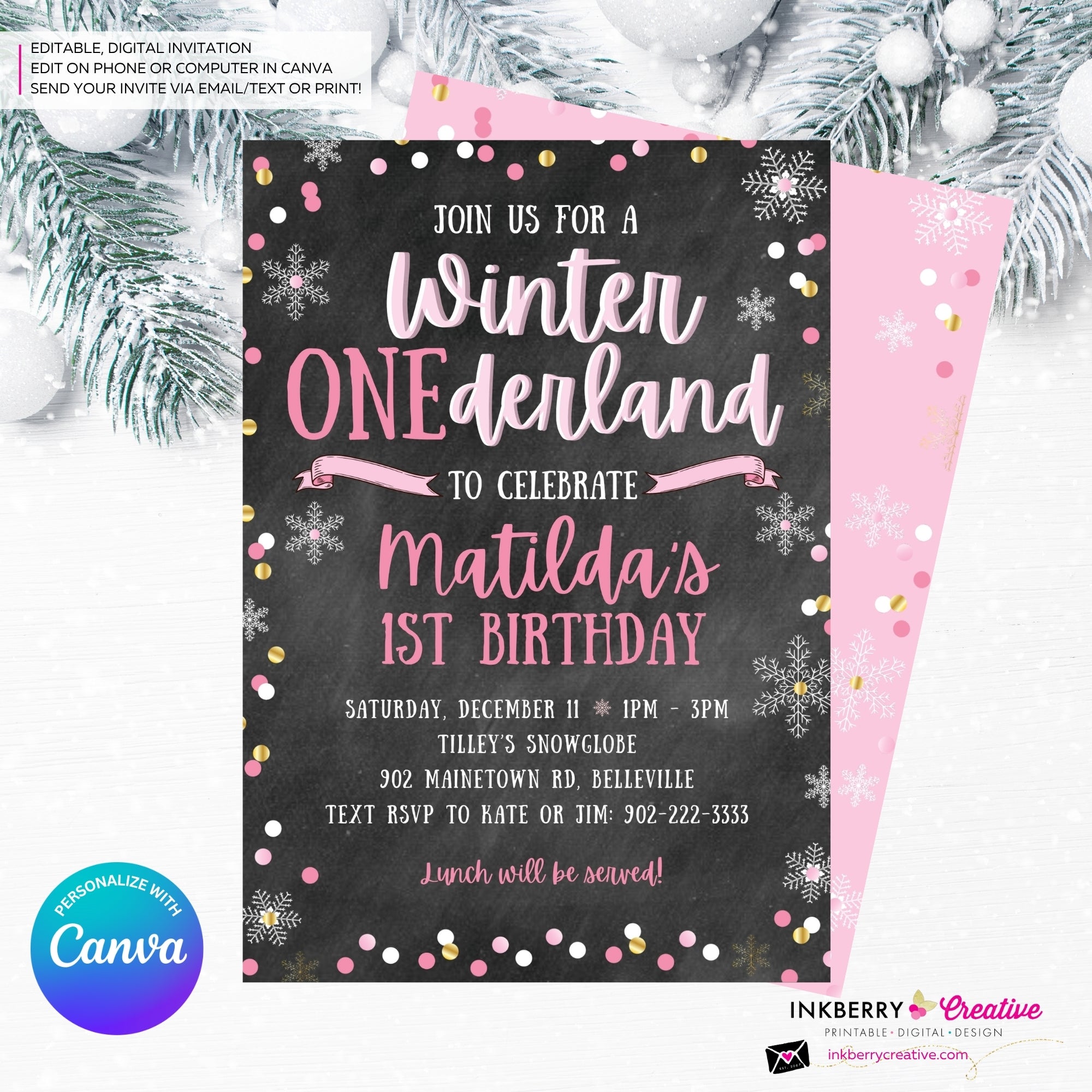 Whimsical Winter Wonderland 1st Birthday Invite - Snowflake Chalkboard Theme - ONEderland - Pink Gold, Personalize and Edit in Canva