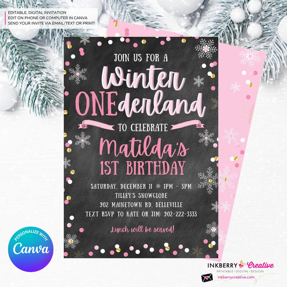 Whimsical Winter Wonderland 1st Birthday Invite - Snowflake Chalkboard Theme - ONEderland - Pink Gold, Personalize and Edit in Canva