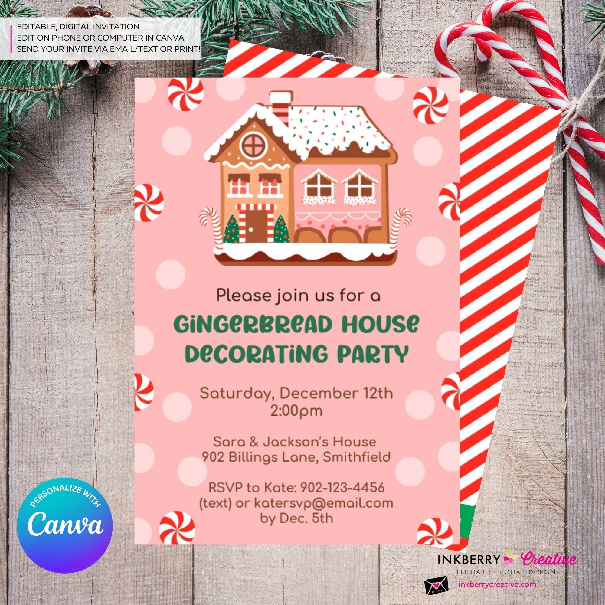 Gingerbread House Decorating Peppermints & Sprinkles Party Invitation - Editable in Canva