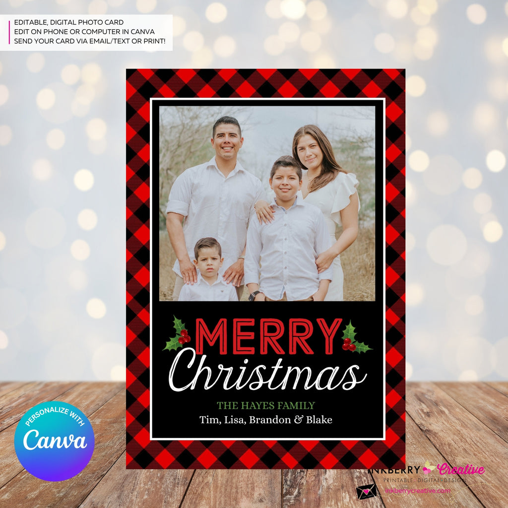 Red and Black Buffalo Check Plaid Christmas Photo Card, Family Holiday Photo Card, Custom Colors, Email Christmas Card, Editable in Canva