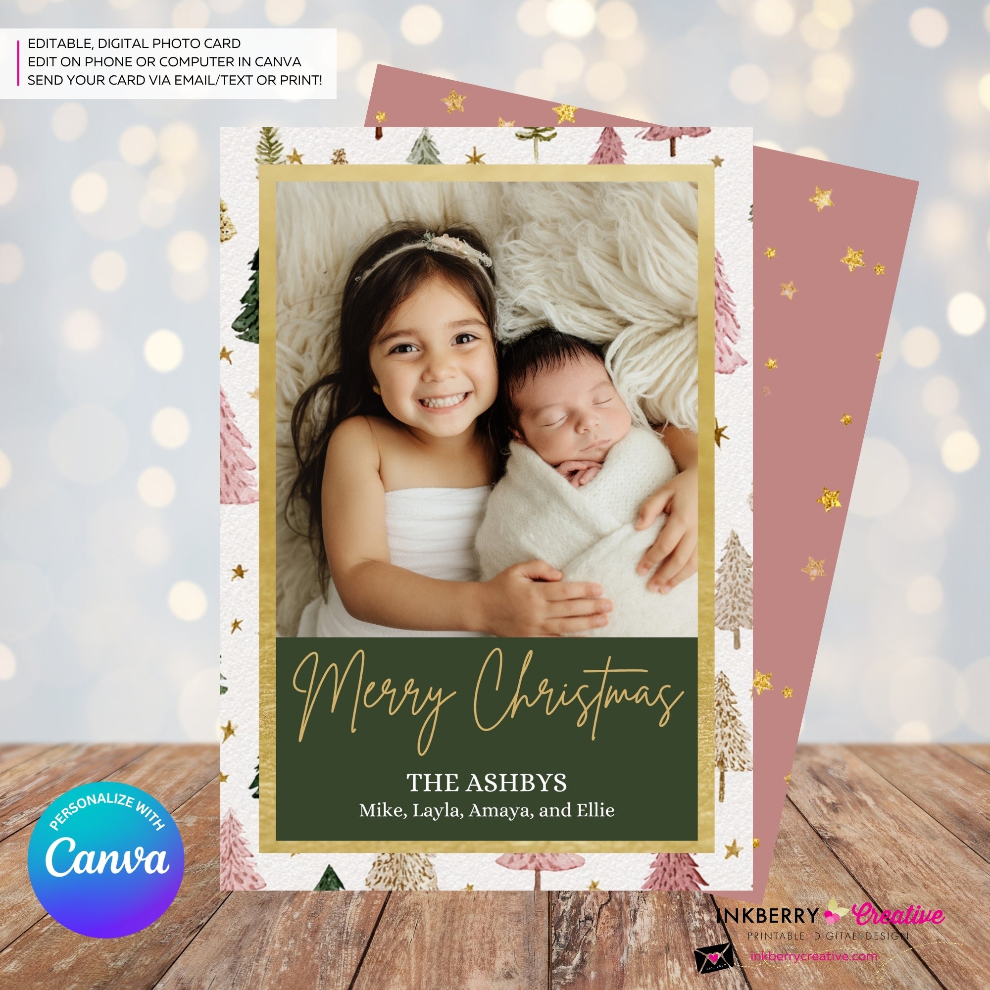 Boho Painted Trees & Stars Christmas Photo Card, Family Holiday Photo Card, Custom Colors, Email Christmas Card, Editable in Canva
