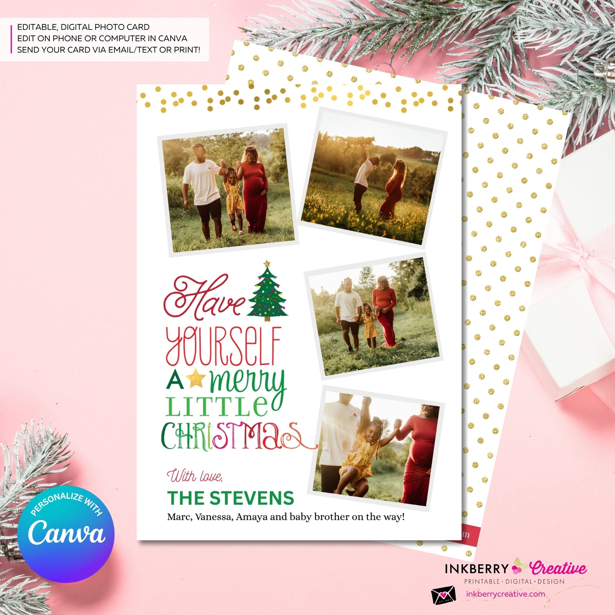 Merry Little Christmas Snapshots 4 Photo Christmas Card, Family Holiday Photo Card, Multi-photo, Email Christmas Card, Editable in Canva